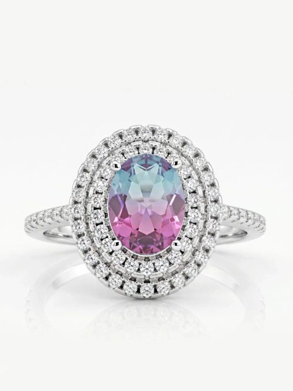 Pink & Blue Tourmaline Ombre Halo Ring, 925 Sterling Silver Charmed Aroma
